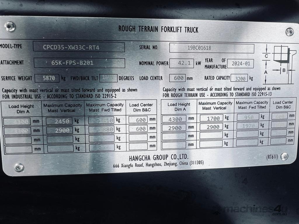 Hangcha 3.5t 4WD Forklift CPCD35 - 4.3m Triplex 3 Speed Diesel Wet Brake System
